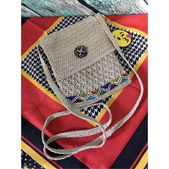 Cute Bohemian Boho Crocheted Crossbody Bag Beaded Accents 📿 - Picture 1 of 10